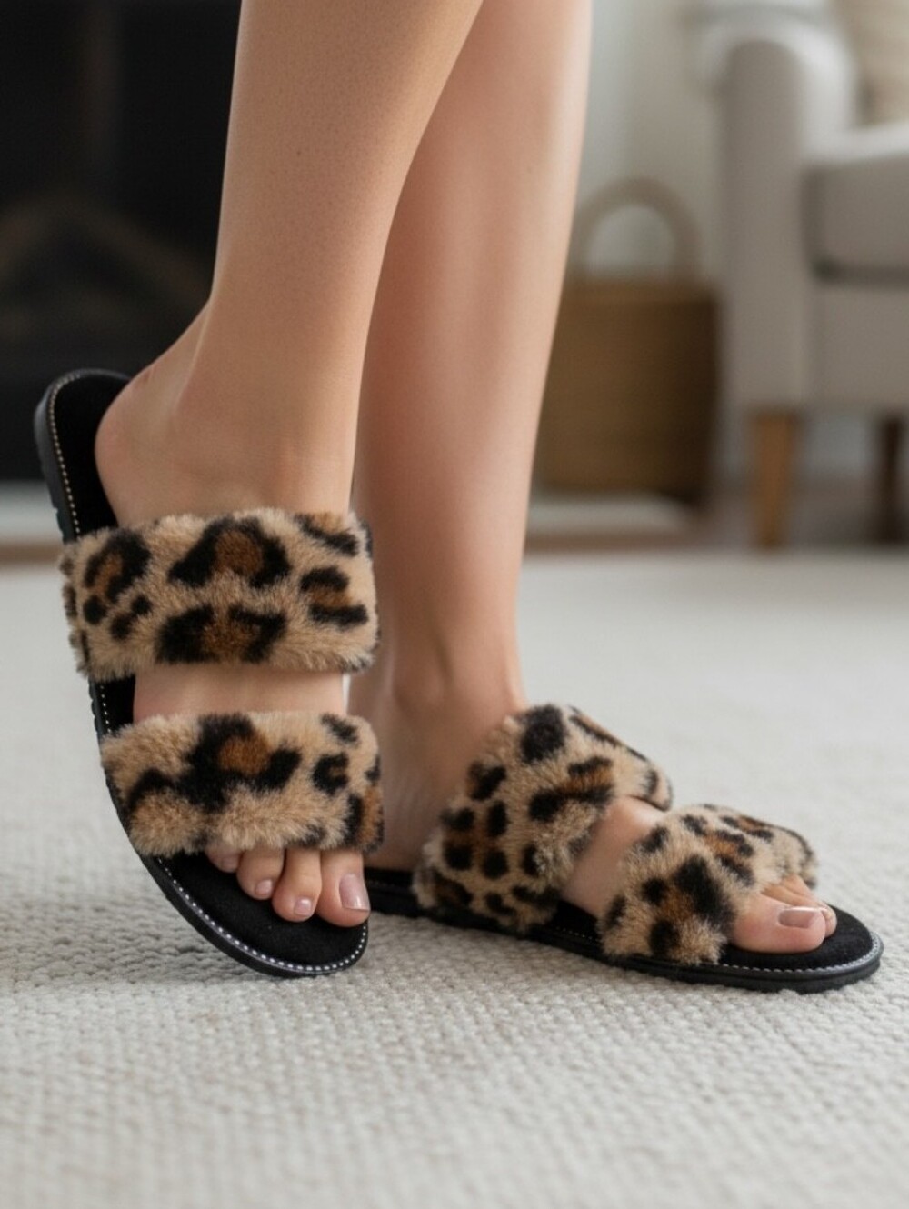 Liliana Leopard Faux Fur Double-Strap Slides - Black Sole